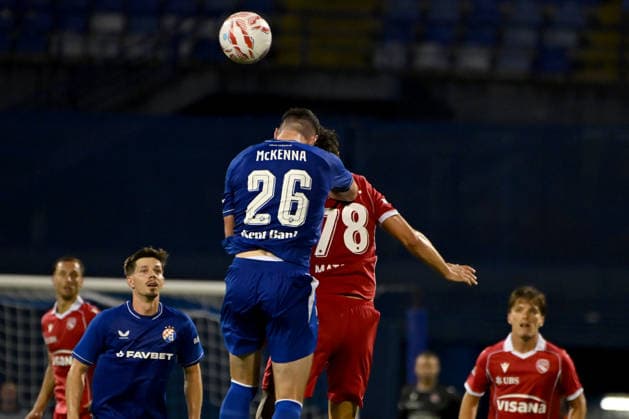 ZAGREB; CROATIA - JULY 28: Scott McKenna of Dinamo Zagreb (L) in action against Valmir Matoshi of Thun (R) during the UEFA Champions League QR-2 second match between Dinamo Zagreb (CRO) and Thun (SUI) at Stadion Maksimir, Zagreb on July 28, 2026 in Zagreb, Croatia. (Photo by Igor Kupljenik Sports Press Photo).  Copyright: xIgorxKupljenikx xSPPx Sportspressphoto_SPR198059