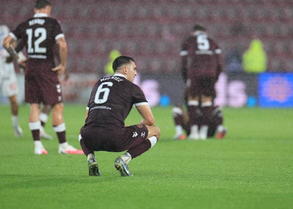 Heart of Midlothian v SK Sturm Graz UEFA Champions League Oisin McEntee of Heart of Midlothian looks dejected at full time during the UEFA Champions League Second Qualifying Round Second Leg match at Tynecastle Park, Edinburgh 28 07 2026 UK Newspapers OUT Copyright: xFredxPalmerx FIL-23686-0057