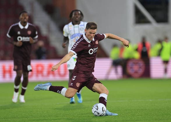 Heart of Midlothian v SK Sturm Graz UEFA Champions League Blair Spittal of Heart of Midlothian on the ball during the UEFA Champions League Second Qualifying Round Second Leg match at Tynecastle Park, Edinburgh 28 07 2026 UK Newspapers OUT Copyright: xFredxPalmerx FIL-23686-0100