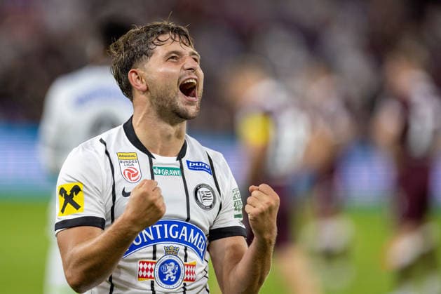 RECORD DATE NOT STATED 28th July 2026; Tynecastle Park, Edinburgh, Scotland: UEFA Europa League Qualifier Football, Hearts versus Sturm Graz; Simon Seidl of Sturm Graz celebrates after he shoots and scores in the 64th minute to make it 1-0 VagelisxGeorgariou