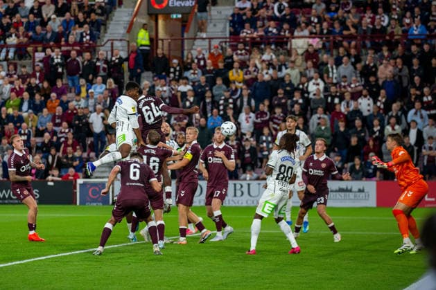RECORD DATE NOT STATED 28th July 2026; Tynecastle Park, Edinburgh, Scotland: UEFA Europa League Qualifier Football, Hearts versus Sturm Graz; Jeyland Mitchell of Sturm Graz heads towards goal VagelisxGeorgariou