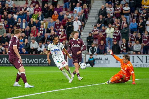 RECORD DATE NOT STATED 28th July 2026; Tynecastle Park, Edinburgh, Scotland: UEFA Europa League Qualifier Football, Hearts versus Sturm Graz; Emran Soglo of Sturm Graz shoots and scores in the 68th minute to make it 2-0 VagelisxGeorgariou