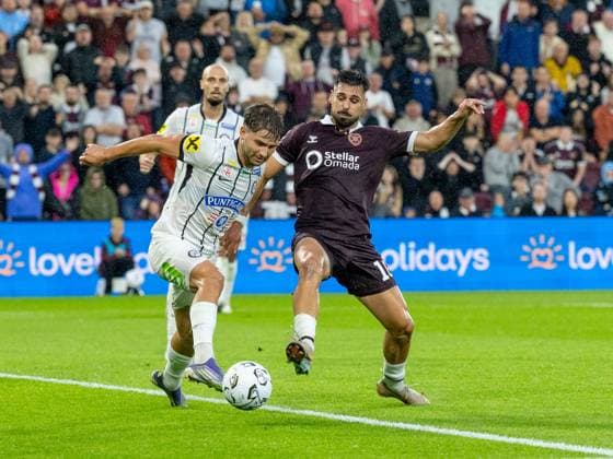 Simon Seidl, of SK Sturm Graz and Claudio Braga of Heart of Midlothian compete for possession of the ball during the Hearts v Sturm Graz second leg of their Champions League second qualifying round at Tynecastle Stadium on Tuesday 28th July 2026 Heart of Midlothian v Sturm Graz, UEFA Champions League, 2nd Qualifying Round, 2nd Leg, Football, Tynecastle Park, Edinburgh, Scotland, UK - 28 Jul 2026Edinburgh Tynecastle Park Scotland United Kingdom  Copyright: xAlanxRennie Shutterstockx 17015998dp
