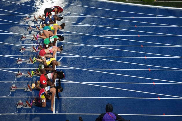 RECORD DATE NOT STATED 28th July 2026; Glasgow, Scotland; 2026 Commonwealth Games, Day Six; Michelle-Lee Ahye of Trinidad and Tobago, Gina Mariam Bass Bittaye of Gambia, Torrie Lewis of Australia, Rosemary Chukwuma of Nigeria, Audrey Leduc of Canada, Jodean Williams of Jamaica, Mabel Akande of England and Geolyna Dowdye of Antigua and Barbuda compete in the Womens 100m semi final heat one AlecxBrown