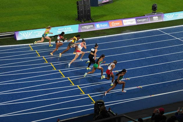 RECORD DATE NOT STATED 28th July 2026; Glasgow, Scotland; 2026 Commonwealth Games, Day Six; Georgia Harris of Australia, Veronica Shanti Pereira of Singapore, Jonielle Smith of Jamaica, Amy Hunt of England, Zoe Hobbs of New Zealand, Oluebube Ezechukwu of Nigeria, Gabrielle Cole of Canada and Edna Ng& x2019;Andula of Zambia during the Womens 100m semi final heat three AlecxBrown