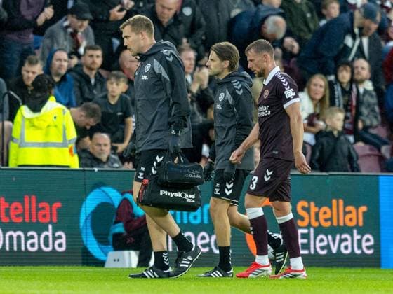 Stephen Kingsley of Heart of Midlothian limps off injured during the Hearts v Sturm Graz second leg of their Champions League second qualifying round at Tynecastle Stadium on Tuesday 28th July 2026 Heart of Midlothian v Sturm Graz, UEFA Champions League, 2nd Qualifying Round, 2nd Leg, Football, Tynecastle Park, Edinburgh, Scotland, UK - 28 Jul 2026Edinburgh Tynecastle Park Scotland United Kingdom  Copyright: xAlanxRennie Shutterstockx 17015998es