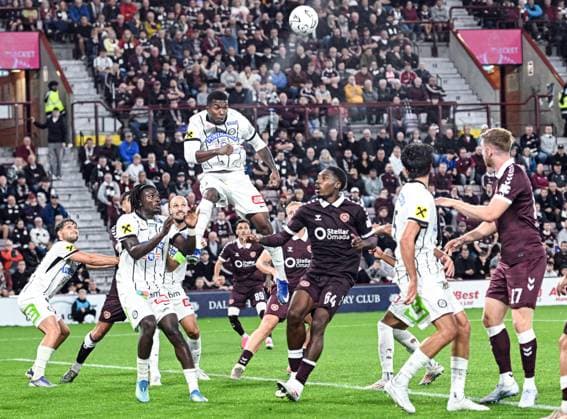 Heart of Midlothian v SK Sturm Graz UEFA Champions League Jeyland Mitchell of SK Sturm Graz headers the ball during the UEFA Champions League Second Qualifying Round Second Leg match at Tynecastle Park, Edinburgh 28 07 2026 UK Newspapers OUT Copyright: xJamiexJohnstonx FIL-23685-0155