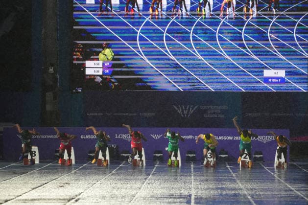 RECORD DATE NOT STATED 28th July 2026; Glasgow, Scotland; 2026 Commonwealth Games, Day Six; Mens 100m final start line out of the blocks AlecxBrown