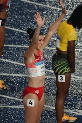 RECORD DATE NOT STATED 28th July 2026; Glasgow, Scotland; 2026 Commonwealth Games, Day Six; Amy Hunt of England waves to spectators ahead of her Womens 100m semi final AlecxBrown