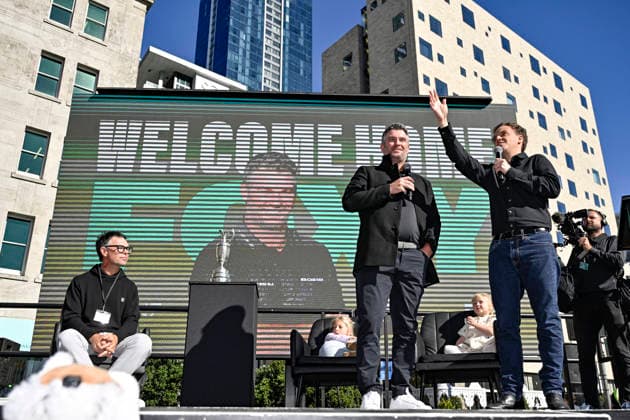 Ryan Fox and MC Guy Heveldt on stage during the Public welcome home celebration for New Zealand golfer Ryan Fox on bringing the Claret Jug home after his historic Open Championship win. Takutai Square, Auckland, New Zealand on Tuesday 28 July 2026. Photo: Alan Lee Auckland New Zealand Copyright: xAlanxLeex xPhotosportx