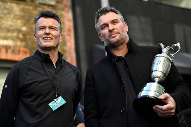 Kelsen Butler and Ryan Fox wait for the Public welcome home celebration for New Zealand golfer Ryan Fox on bringing the Claret Jug home after his historic Open Championship win. Takutai Square, Auckland, New Zealand on Tuesday 28 July 2026. Photo: Alan Lee Auckland New Zealand Copyright: xAlanxLeex xPhotosportx