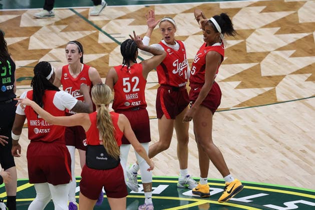 July 28, 2026, Seattle, Washington, USA: Indiana Fever guard SOPHIE CUNNINGHAM (8) reacts in the first quarter of the WNBA, Basketball Damen, USA match between the Seattle Storm and Indiana Fever at Climate Pledge Arena in Seattle. WNBA 2026: Indiana 105:95 Seattle  - ZUMAd218 20260728_zsp_d218_023 Copyright: xRichardxDizonx