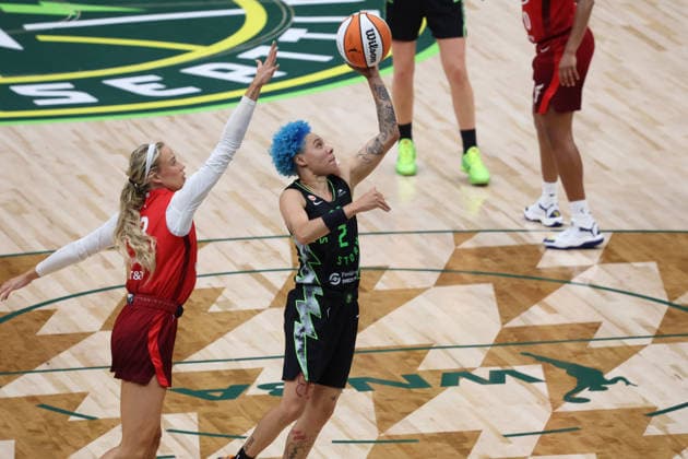July 28, 2026, Seattle, Washington, USA: Seattle Storm guard NATISHA HIEDEMAN (2) attempts a field goal in the third quarter of the WNBA, Basketball Damen, USA match between the Seattle Storm and Indiana Fever at Climate Pledge Arena in Seattle. WNBA 2026: Indiana 105:95 Seattle  - ZUMAd218 20260728_zsp_d218_034 Copyright: xRichardxDizonx