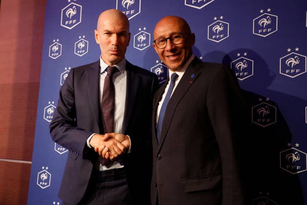 (260729) -- PARIS, July 29, 2026 -- Newly-appointed head coach Zinedine Zidane (R) of the France national football team shakes hands with French Football Federation President Philippe Diallo after a press conference, PK, Pressekonferenz at the federation s headquarters in Paris, France, July 28, 2026. (Photo by Xinhua) (SP)FRANCE-PARIS-FOOTBALL-FRENCH HEAD COACH-ZIDANE HenrixSzwarc 