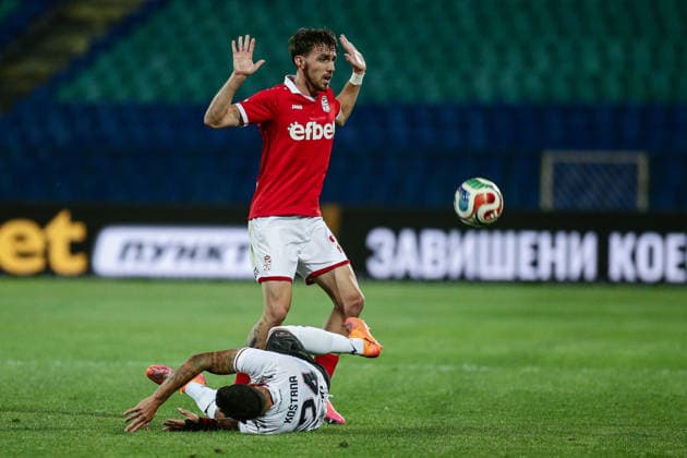 IPA87081084 - CSKA 1948 s Ognjen Gasevic in action against Spartak s Kristian Kostrna during the Conference League qualifying match between FC CSKA 1948 and Spartak Trnava at Vasil Levski Stadium in Sofia, Bulgaria, on July 28, 2026  Copyright: xIvanxSxIvanov IPAxSportx xx 87081084