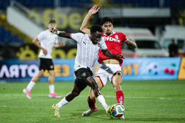 IPA87081096 - Spartak s Ivan Anokye Mensah in action against CSKA 1948 s Moataz Zemzemi during the Conference League qualifying match between FC CSKA 1948 and Spartak Trnava at Vasil Levski Stadium in Sofia, Bulgaria, on July 28, 2026  Copyright: xIvanxSxIvanov IPAxSportx xx 87081096