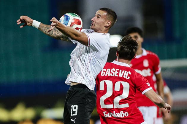 IPA87081099 - Spartak s Timotej Kudlicka in action against CSKA 1948 s Ognjen Gasevic during the Conference League qualifying match between FC CSKA 1948 and Spartak Trnava at Vasil Levski Stadium in Sofia, Bulgaria, on July 28, 2026  Copyright: xIvanxSxIvanov IPAxSportx xx 87081099