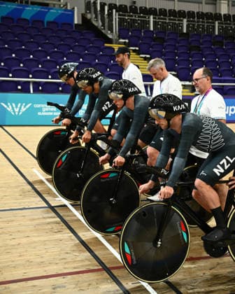 Glasgow 2026 Commonwealth Games Picture by Olly Hassell SWpix.com - 29 07 2026 - Glasgow 2026 Commonwealth Games - Track cycling, Rad, Radsport, Bahnrad, Bahn and Para Track Cycling - Sir Chris Hoy Velodrome, Glasgow, Scotland - Training - New Zealand men™s team pursuit Copyright: x xSWpix.comx(t axPhotographyxHubxLtd)xOllyxHassell SWpix.comx SWP-3419-0003