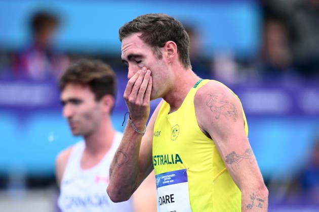 COM26 ATHLETICS, Oliver Hoare of Australia reacts after falling in the Men™s One Mile, Round 1 heats during the Glasgow 2026 Commonwealth Games at EDF Scotstoun Stadium in Glasgow, Scotland, Wednesday, July 29, 2026. ( NO ARCHIVING, EDITORIAL USE ONLY Glasgow United Kingdom  Copyright: xJOELxCARRETTx 20260729127017917238
