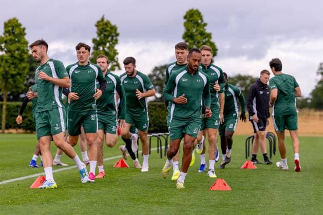 Hibs players during a training session ahead of the clash with KF Malisheva Hibernian Training, Football, Hibernian Training Centre, Edinburgh, Scotland, UK - 29 Jul 2026Edinburgh Hibernian Training Centre Scotland United Kingdom EDITORIAL USE ONLY No use with unauthorised audio, video, data, fixture lists, club league logos or live services. Online in-match use limited to 120 images, no video emulation. No use in betting, games or single club league player publications.  Copyright: xAlanxRennie Shutterstockx 17016053al