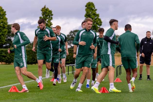Hibs players during a training session ahead of the clash with KF Malisheva Hibernian Training, Football, Hibernian Training Centre, Edinburgh, Scotland, UK - 29 Jul 2026Edinburgh Hibernian Training Centre Scotland United Kingdom EDITORIAL USE ONLY No use with unauthorised audio, video, data, fixture lists, club league logos or live services. Online in-match use limited to 120 images, no video emulation. No use in betting, games or single club league player publications.  Copyright: xAlanxRennie Shutterstockx 17016053am