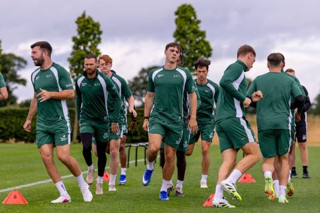 Hibs players during a training session ahead of the clash with KF Malisheva Hibernian Training, Football, Hibernian Training Centre, Edinburgh, Scotland, UK - 29 Jul 2026Edinburgh Hibernian Training Centre Scotland United Kingdom EDITORIAL USE ONLY No use with unauthorised audio, video, data, fixture lists, club league logos or live services. Online in-match use limited to 120 images, no video emulation. No use in betting, games or single club league player publications.  Copyright: xAlanxRennie Shutterstockx 17016053ao