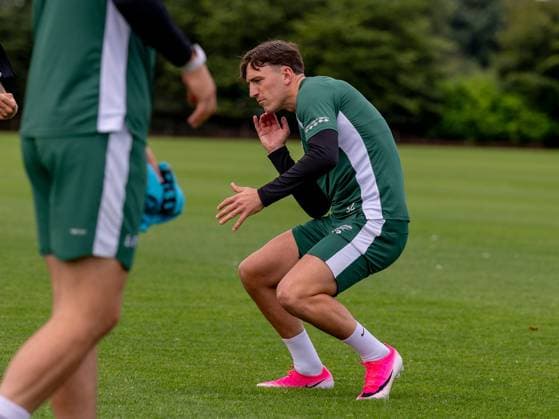 Josh Campbell of Hibernian during a training session ahead of the clash with KF Malisheva Hibernian Training, Football, Hibernian Training Centre, Edinburgh, Scotland, UK - 29 Jul 2026Edinburgh Hibernian Training Centre Scotland United Kingdom EDITORIAL USE ONLY No use with unauthorised audio, video, data, fixture lists, club league logos or live services. Online in-match use limited to 120 images, no video emulation. No use in betting, games or single club league player publications.  Copyright: xAlanxRennie Shutterstockx 17016053au