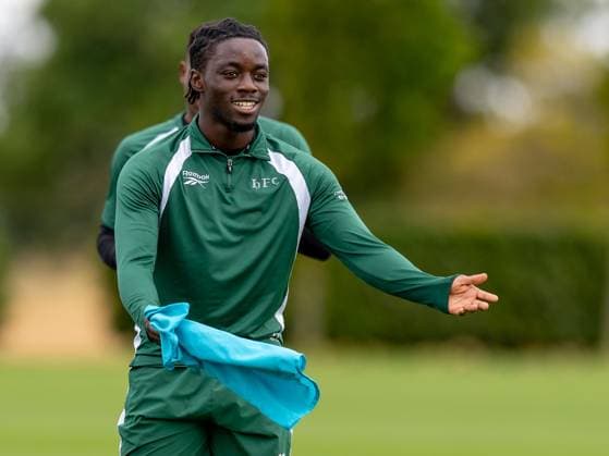 Kanayo Megwa of Hibernian during a training session ahead of the clash with KF Malisheva Hibernian Training, Football, Hibernian Training Centre, Edinburgh, Scotland, UK - 29 Jul 2026Edinburgh Hibernian Training Centre Scotland United Kingdom EDITORIAL USE ONLY No use with unauthorised audio, video, data, fixture lists, club league logos or live services. Online in-match use limited to 120 images, no video emulation. No use in betting, games or single club league player publications.  Copyright: xAlanxRennie Shutterstockx 17016053bw