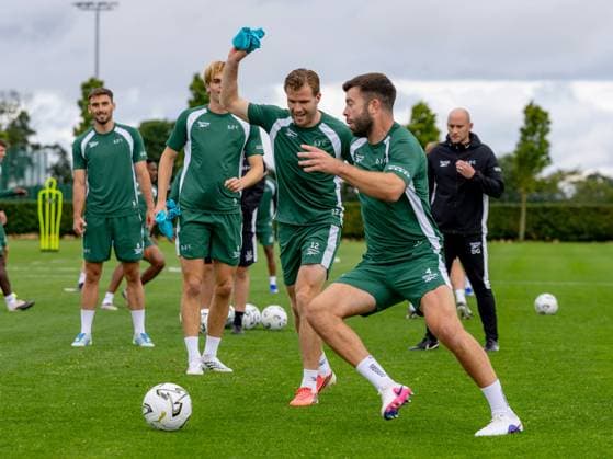 Chris Cadden of Hibernian and Grant Hanley of Hibernian during a training session ahead of the clash with KF Malisheva Hibernian Training, Football, Hibernian Training Centre, Edinburgh, Scotland, UK - 29 Jul 2026Edinburgh Hibernian Training Centre Scotland United Kingdom EDITORIAL USE ONLY No use with unauthorised audio, video, data, fixture lists, club league logos or live services. Online in-match use limited to 120 images, no video emulation. No use in betting, games or single club league player publications.  Copyright: xAlanxRennie Shutterstockx 17016053bk