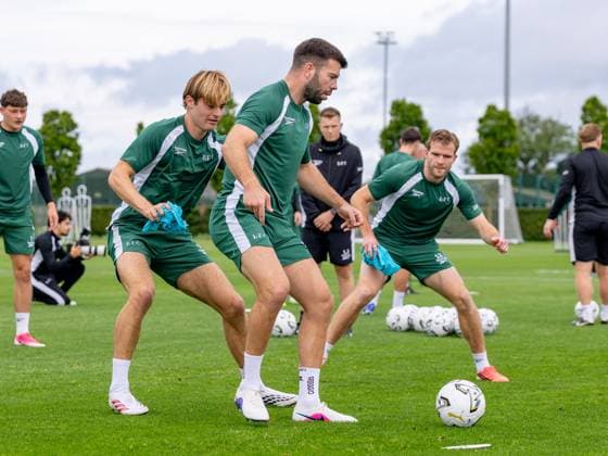 Nathan Lowe of Hibernian AND Grant Hanley of Hibernian during a training session ahead of the clash with KF Malisheva Hibernian Training, Football, Hibernian Training Centre, Edinburgh, Scotland, UK - 29 Jul 2026Edinburgh Hibernian Training Centre Scotland United Kingdom EDITORIAL USE ONLY No use with unauthorised audio, video, data, fixture lists, club league logos or live services. Online in-match use limited to 120 images, no video emulation. No use in betting, games or single club league player publications.  Copyright: xAlanxRennie Shutterstockx 17016053cn