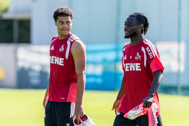 ST. JOHANN IN TIROL, AUSTRIA - JULY 29: Jahmai Simpson-Pusey (1. FC Koeln, 22) and Gideon Mensah (1. FC Koeln, 14) during a training session at trainings camp in Kitzbuehel of season 2026 27 at Koasastadion on July 29, 2026 in St. Johann in Tirol, Austria. Austria Copyright: xSteffiexWunderlx