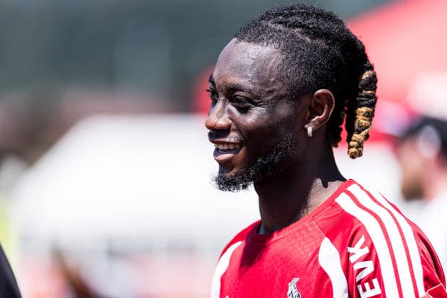 ST. JOHANN IN TIROL, AUSTRIA - JULY 29: Gideon Mensah (1. FC Koeln, 14) smiling during a training session at trainings camp in Kitzbuehel of season 2026 27 at Koasastadion on July 29, 2026 in St. Johann in Tirol, Austria. Austria Copyright: xSteffiexWunderlx