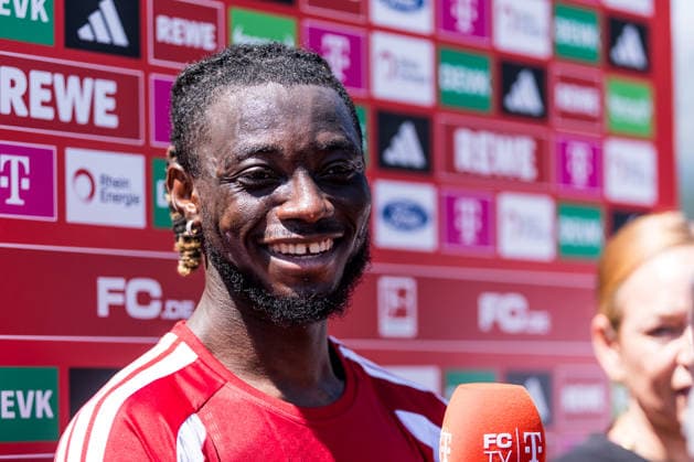 ST. JOHANN IN TIROL, AUSTRIA - JULY 29: Gideon Mensah (1. FC Koeln, 14) during a media session smiling during a training session at trainings camp in Kitzbuehel of season 2026 27 at Koasastadion on July 29, 2026 in St. Johann in Tirol, Austria. Austria Copyright: xSteffiexWunderlx