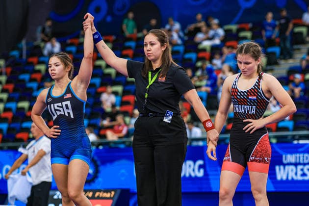 U17, U 17 Wrestling World Championships 57kg WW - Epenesa Teuila Elison (USA) df. Mia Kovac (CRO) *** U17 Wrestling World Championships, 57 kg WW: Epenesa Teuila Elison (USA) def. Mia Kovac (CRO) Copyright: xUnitedxWorldxWrestlingx xAmirrezx UWW-U17-WC-BAKU-2026