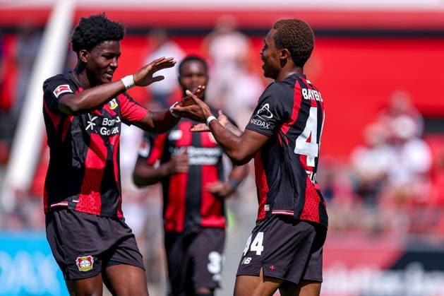 29.07.2026, Fußball, Bayer 04 Leverkusen - KRC Genk, Testspiel, Saison 2026 2027 im Ulrich-Haberland-Stadion: Torjubel nach dem Tor zum 1:0 durch Torschütze Jeanuel Belocian (Bayer04 Leverkusen 44) zusammen mit Nathan Tella (Bayer04 Leverkusen 23) DFB regulations prohibit any use of photographs as image sequences and or quasi-video. Nordrhein-Westfalen Deutschland *** July 29, 2026, Soccer, Bayer 04 Leverkusen vs. KRC Genk, Friendly Match, 2026–2027 season at Ulrich Haberland Stadium; celebration after the 1–0 goal by Jeanuel Belocian (Bayer 04 Leverkusen, No. 44) alongside Nathan Tella (Bayer 04 Leverkusen, No. 23); DFB regulations prohibit any use of photographs as image sequences and or quasi-video; NorthRhineland-Westphalia, Germany