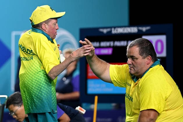 COM26 BOWLS, James Reynolds (left) and Damien Delgado of Australia celebrate after winning their Men™s Para Pairs set against England, in the Glasgow 2026 Commonwealth Games at SEC Centre Hall 3 in Glasgow, Scotland, Thursday, July 23, 2026. ( NO ARCHIVING, EDITORIAL USE ONLY Glasgow Scotland United Kingdom  Copyright: xLUKASxCOCHx 20260729122643212509
