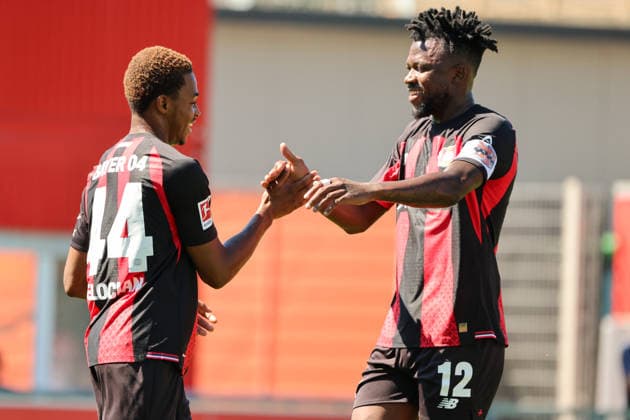 Leverkusen, Deutschland: 28.07.2026 - Testspiel - Bayer 04 Leverkusen vs. KRC Genk Im Bild: v.li. Torschütze Jeanuel Belocian (Leverkusen) macht das Tor zum 1:0 für Leverkusen und jubelt mit Edmond Tapsoba (Leverkusen) (DFL DFB REGULATIONS PROHIBIT ANY USE OF PHOTOGRAPHS as IMAGE SEQUENCES and or QUASI-VIDEO) *** *** Leverkusen, Germany, July 28, 2026, Friendly Match: Bayer 04 Leverkusen vs. KRC Genk. Pictured from left: Goal scorer Jeanuel Belocian of Leverkusen scores the 1–0 goal for Leverkusen and celebrates with Edmond Tapsoba. Leverkusen, DFL, DFB REGULATIONS, PROHIBIT ANY USE OF PHOTOGRAPHS as IMAGE SEQUENCES and or QUASI-VIDEO *** Copyright: HMBxMedia MadeleinexFantini