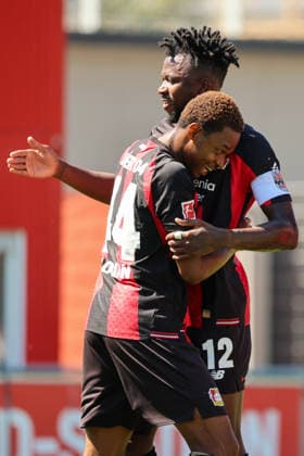 Leverkusen, Deutschland: 28.07.2026 - Testspiel - Bayer 04 Leverkusen vs. KRC Genk Im Bild: v.li. Torschütze Jeanuel Belocian (Leverkusen) macht das Tor zum 1:0 für Leverkusen und jubelt mit Edmond Tapsoba (Leverkusen) (DFL DFB REGULATIONS PROHIBIT ANY USE OF PHOTOGRAPHS as IMAGE SEQUENCES and or QUASI-VIDEO) *** *** Leverkusen, Germany, July 28, 2026, Friendly Match: Bayer 04 Leverkusen vs. KRC Genk. Pictured from left: Goal scorer Jeanuel Belocian of Leverkusen scores the 1–0 goal for Leverkusen and celebrates with Edmond Tapsoba. Leverkusen. DFL, DFB Regulations. PROHIBIT ANY USE OF PHOTOGRAPHS as IMAGE SEQUENCES and or QUASI-VIDEO *** Copyright: HMBxMedia MadeleinexFantini