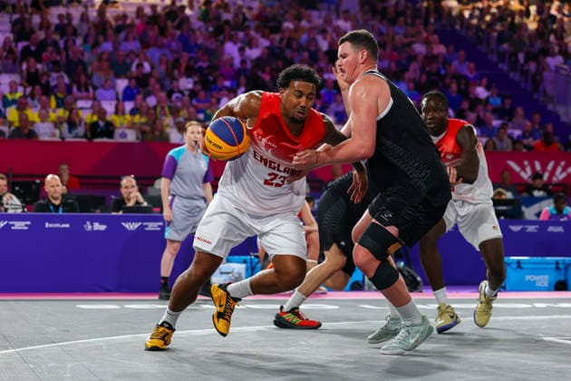 RECORD DATE NOT STATED 29th July 2026; Glasgow, Scotland; 2026 Commonwealth Games, Day Seven; 3x3 Basketball semi final, England v New Zealand, Dwayne Lautier-Ogunleye (ENG) takes on Aidan Tonge (NZL) RogerxEvans