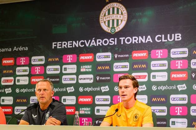 Budapest , 29-07-2026 , Groupama Arena , season 2026 2027 , UEFA Europa League play-off football , pressconference FC Twente , picture shows FC Twente coach John van den Brom FC Twente player Daan Rots Pressconference Twente in Budapest  x205307722x Copyright:
