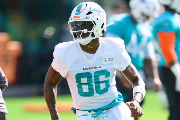 MIAMI GARDENS, FL - JULY 29: Miami Dolphins wide receiver Terrace Marshall Jr. (86) runs during the Miami Dolphins Training Camp on August 29, 2026, at the Baptist Health Training Complex in Miami Gardens, FL. (Photo by Doug Murray Icon Sportswire) NFL, American Football Herren, USA JUL 29 Dolphins Training Camp EDITORIAL USE ONLY Icon796260729003