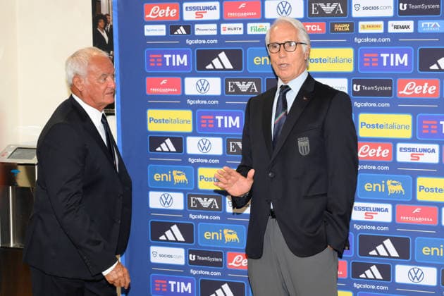 IPA87092934 - Giovanni Malago’ and Claudio Ranieri during the press conference, PK, Pressekonferenz to introduce Technical Commissioner Roberto Mancini and Technical Director Claudio Ranieri at the FIGC headquarters on Via Po in Rome, Italy—Wednesday, July 29, 2025. Sports—Soccer.  Copyright: xFabrizioxCorradetti IPAxSportx xx 87092934