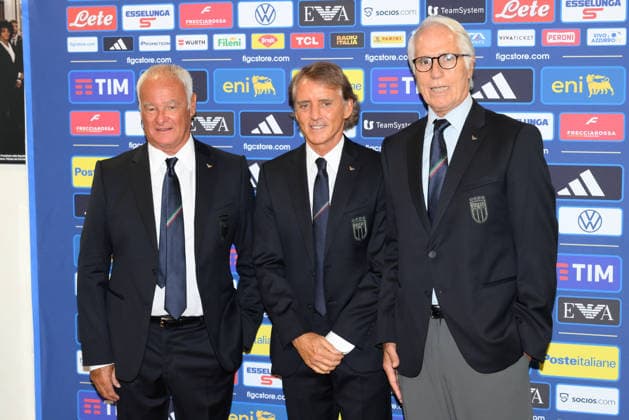IPA87092938 - Claudio Ranieri, Roberto Mancini, and Giovanni Malago’ during the press conference, PK, Pressekonferenz to introduce Technical Commissioner Roberto Mancini and Technical Director Claudio Ranieri at the FIGC headquarters on Via Po in Rome, Italy—Wednesday, July 29, 2025. Sports—Soccer.  Copyright: xFabrizioxCorradetti IPAxSportx xx 87092938