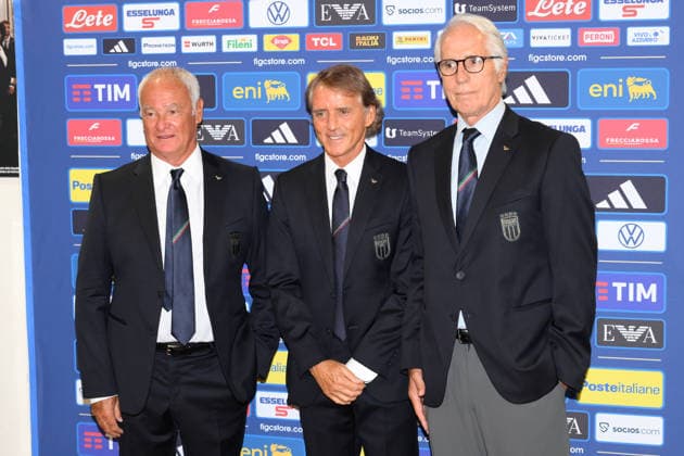 IPA87092946 - Claudio Ranieri, Roberto Mancini, and Giovanni Malago’ during the press conference, PK, Pressekonferenz to introduce Technical Commissioner Roberto Mancini and Technical Director Claudio Ranieri at the FIGC headquarters on Via Po in Rome, Italy—Wednesday, July 29, 2025. Sports—Soccer.  Copyright: xFabrizioxCorradetti IPAxSportx xx 87092946