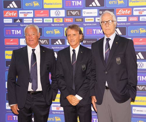 Claudio Ranieri Giovanni Malago™ Roberto Mancini during press conference, PK, Pressekonferenz to present new coach Roberto Mancini and new technical director Claudio Ranieri at the Rome s, Italy - Wednesday July 29, 2026 - Soccer ( Photo by Alfredo Falcone LaPresse )  Copyright: xAlfredoxFalcone LaPressex