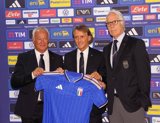 Claudio Ranieri Giovanni Malago™ Roberto Mancini during press conference, PK, Pressekonferenz to present new coach Roberto Mancini and new technical director Claudio Ranieri at the Rome s, Italy - Wednesday July 29, 2026 - Soccer ( Photo by Alfredo Falcone LaPresse )  Copyright: xAlfredoxFalcone LaPressex
