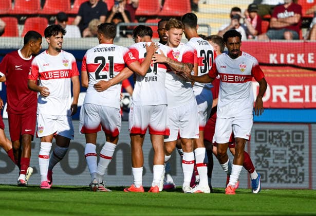 29.07.2026, xpsx, Fussball Testspiel, Kickers Offenbach - VfB Stuttgart v.l. celebrate the goal, Torjubel zum 0:1 Torschütze Christopher Olivier (VfB Stuttgart) (DFL DFB REGULATIONS PROHIBIT ANY USE OF PHOTOGRAPHS as IMAGE SEQUENCES and or QUASI-VIDEO) emspor Offenbach *** July 29, 2026, xpsx, Soccer friendly match, Kickers Offenbach vs. VfB Stuttgart—celebrating the goal, goal celebration for the 0–1 goal scored by Christopher Olivier, VfB Stuttgart. DFL and DFB regulations prohibit any use of photographs as image sequences and or quasi-video. emspor Offenbach