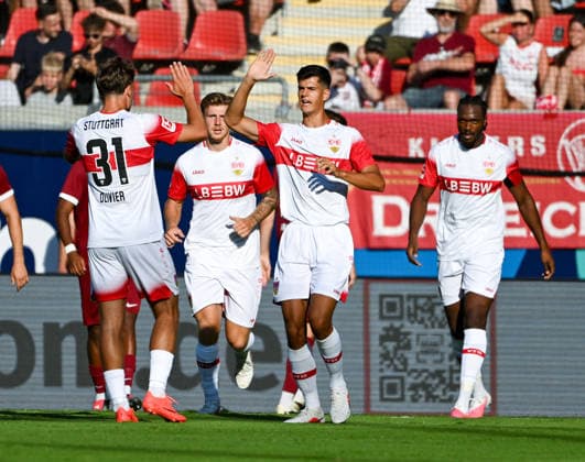 29.07.2026, xpsx, Fussball Testspiel, Kickers Offenbach - VfB Stuttgart v.l. celebrate the goal, Torjubel zum 0:1 Torschütze Christopher Olivier (VfB Stuttgart) (DFL DFB REGULATIONS PROHIBIT ANY USE OF PHOTOGRAPHS as IMAGE SEQUENCES and or QUASI-VIDEO) emspor Offenbach *** July 29, 2026, xpsx, Soccer friendly match, Kickers Offenbach vs. VfB Stuttgart—celebrating the goal, goal celebration for the 0–1 goal scored by Christopher Olivier, VfB Stuttgart. DFL and DFB regulations prohibit any use of photographs as image sequences and or quasi-video. emspor Offenbach