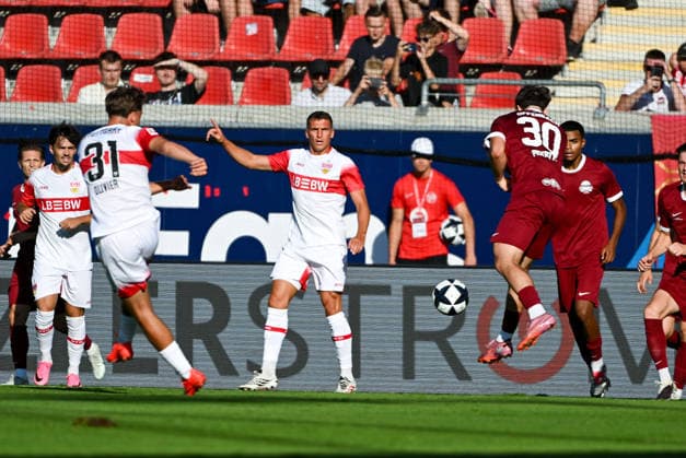 29.07.2026, xpsx, Fussball Testspiel, Kickers Offenbach - VfB Stuttgart v.l. tor zum 0:1 Torschütze Christopher Olivier (VfB Stuttgart), Alessandro Pistritto (Kickers Offenbach) (DFL DFB REGULATIONS PROHIBIT ANY USE OF PHOTOGRAPHS as IMAGE SEQUENCES and or QUASI-VIDEO) emspor Offenbach *** July 29, 2026, xpsx, Soccer Friendly Match, Kickers Offenbach vs. VfB Stuttgart – Goal to make it 0–1, Scorer: Christopher Olivier (VfB Stuttgart), Alessandro Pistritto, Kickers Offenbach. DFL and DFB regulations prohibit any use of photographs as image sequences and or quasi-video. emspor Offenbach