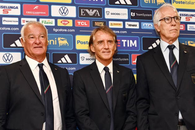 As Roma 29 07 2026 - presentazione allenatore Italia foto Antonello Sammarco Image nella foto: Claudio Ranieri-Roberto Mancini-Giovanni Malago™ 